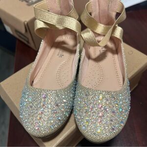 Link Girls Gold Jeweled Ballet Flats with Ankle Strap